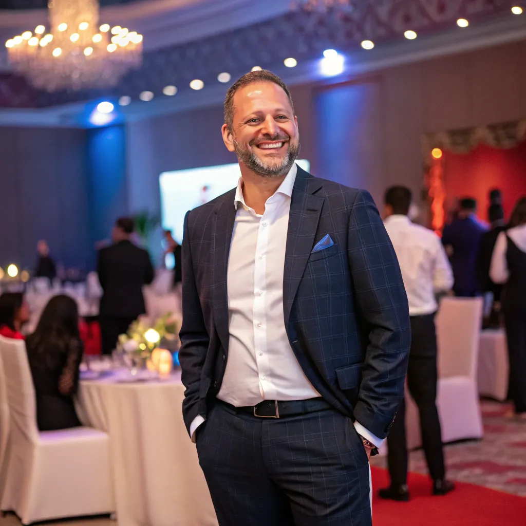 Smiling businessman at an event