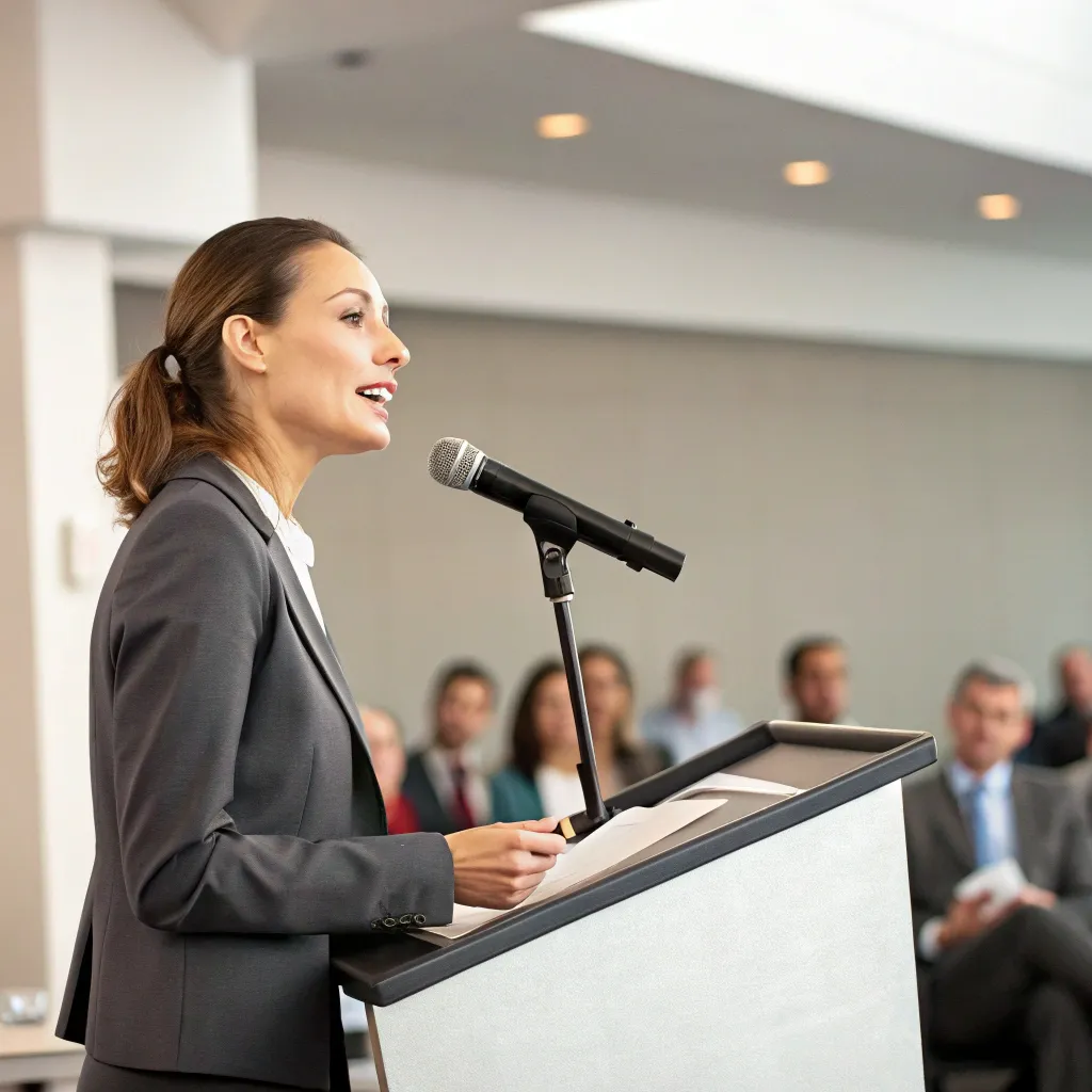 Businesswoman speaking at a podium